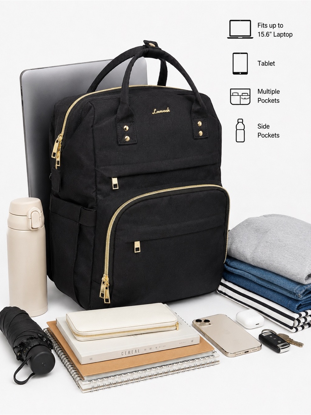 LOVEVOOK Black Backpack Work Bag Laptop Travel Bag Gold Zipper Student e